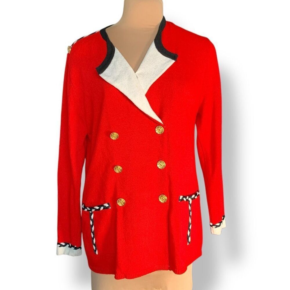 Vintage Bright Cherry Red Double-Breasted Knit Cardigan Braided Trim Maximalist